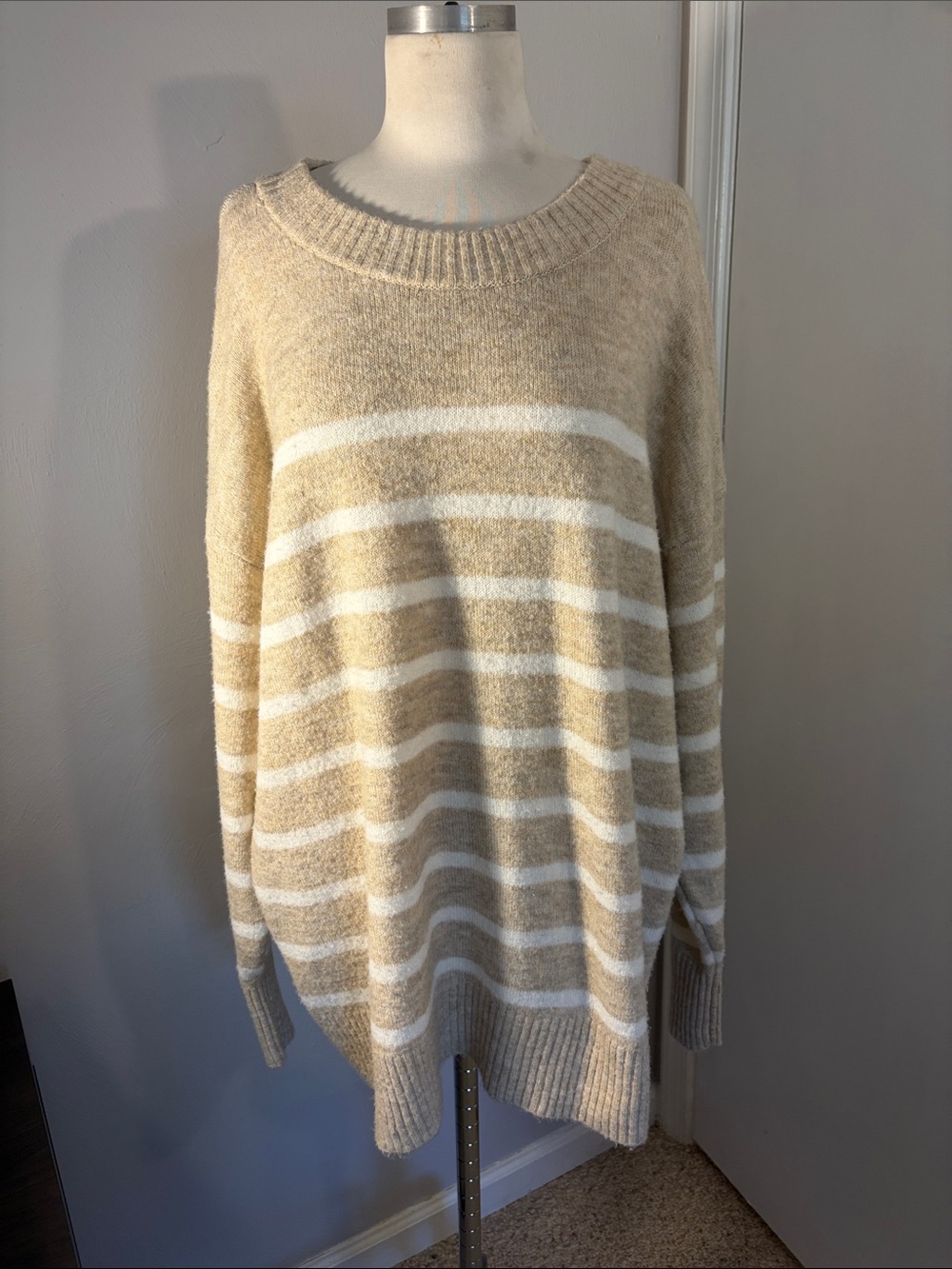 Ava & Viv Beige and Cream Striped Crewneck Sweater